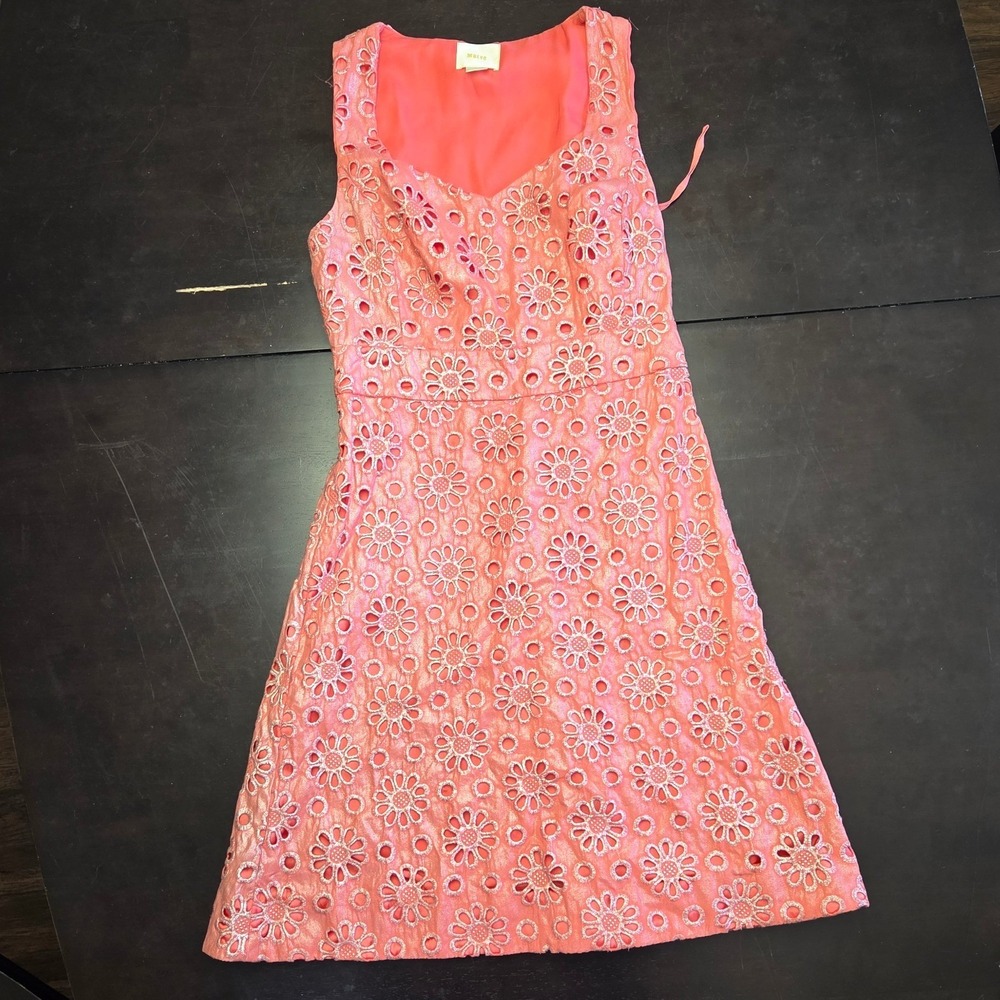 Maeve Anthropologie Coral Pink Floral Eyelet Metallic Fit Flare Dress Womens 4